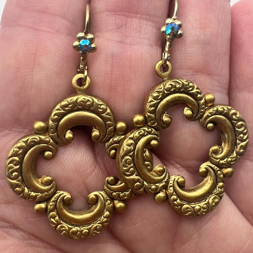 Vintage-Style Gold Scrollwork Statement Earrings Blue Crystals